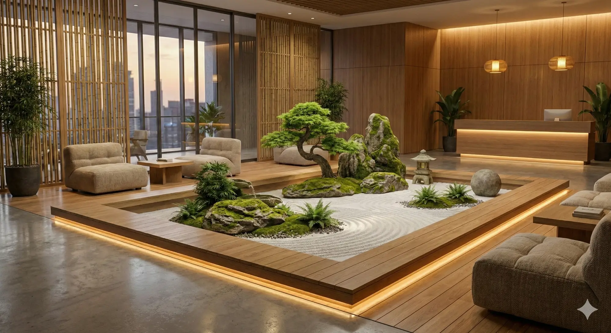 Jasa Desain Landscape Indoor: Taman Zen Minimalis dengan Bonsai Eksklusif & Hidden LED